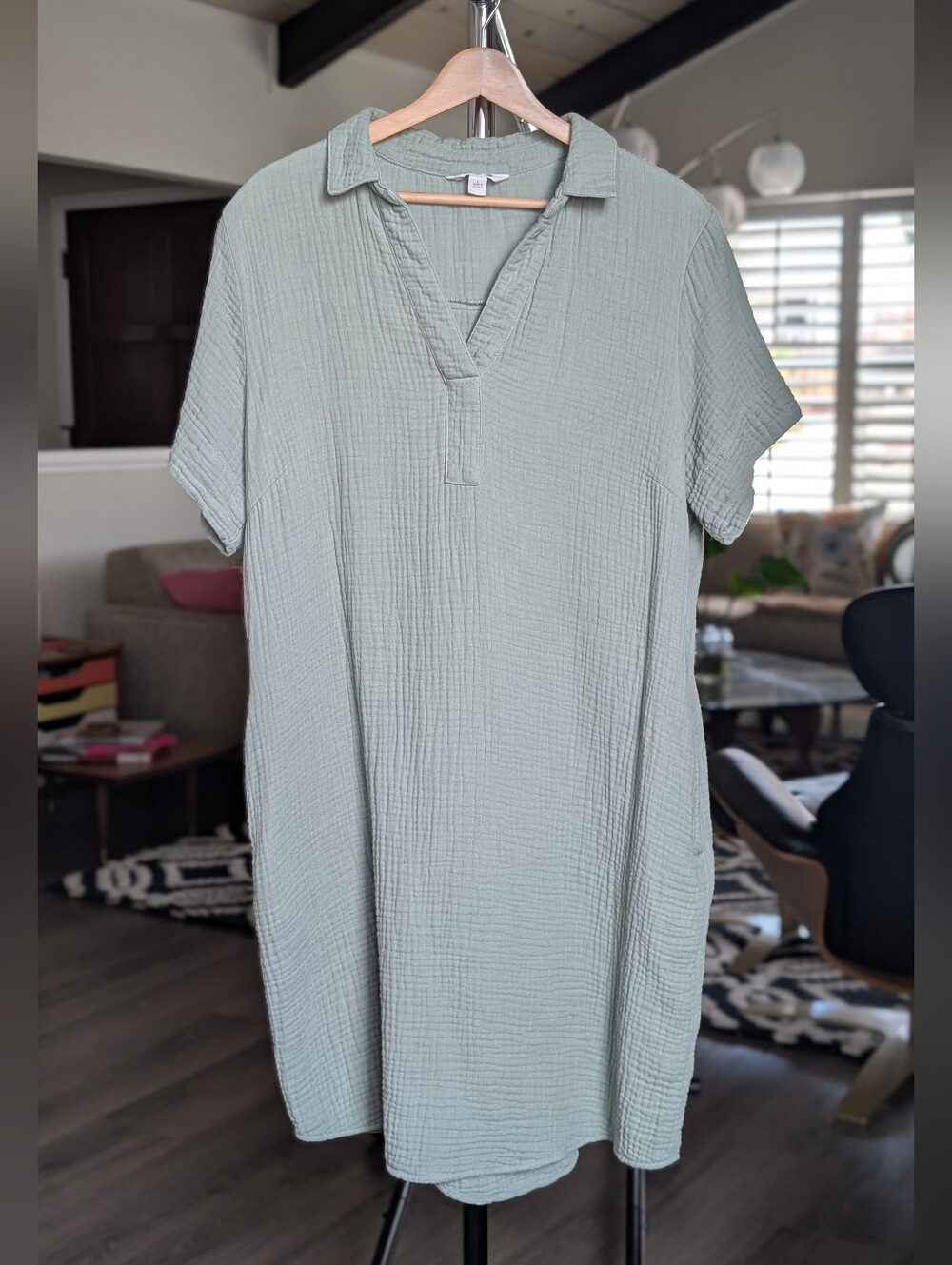 Three Dots Light Sage Green Short Sleeve Tunic Dress Size Large